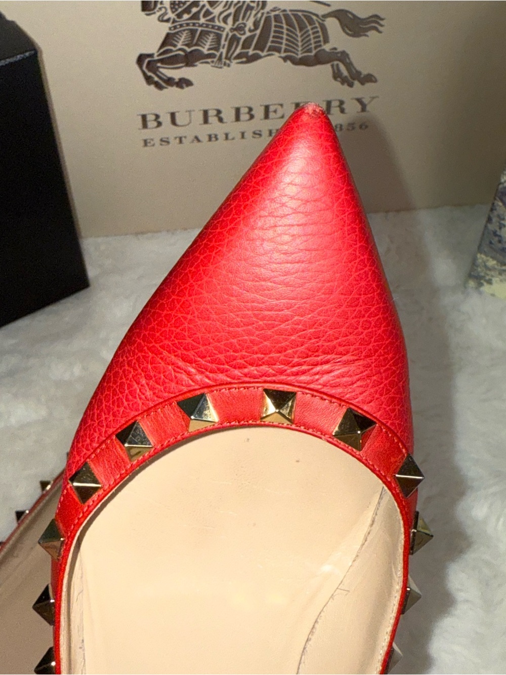 Authentic Valentino Garavani Rockstud Red Leather Point Flats Shoes GUC SmCut 37 - Picture 8 of 16